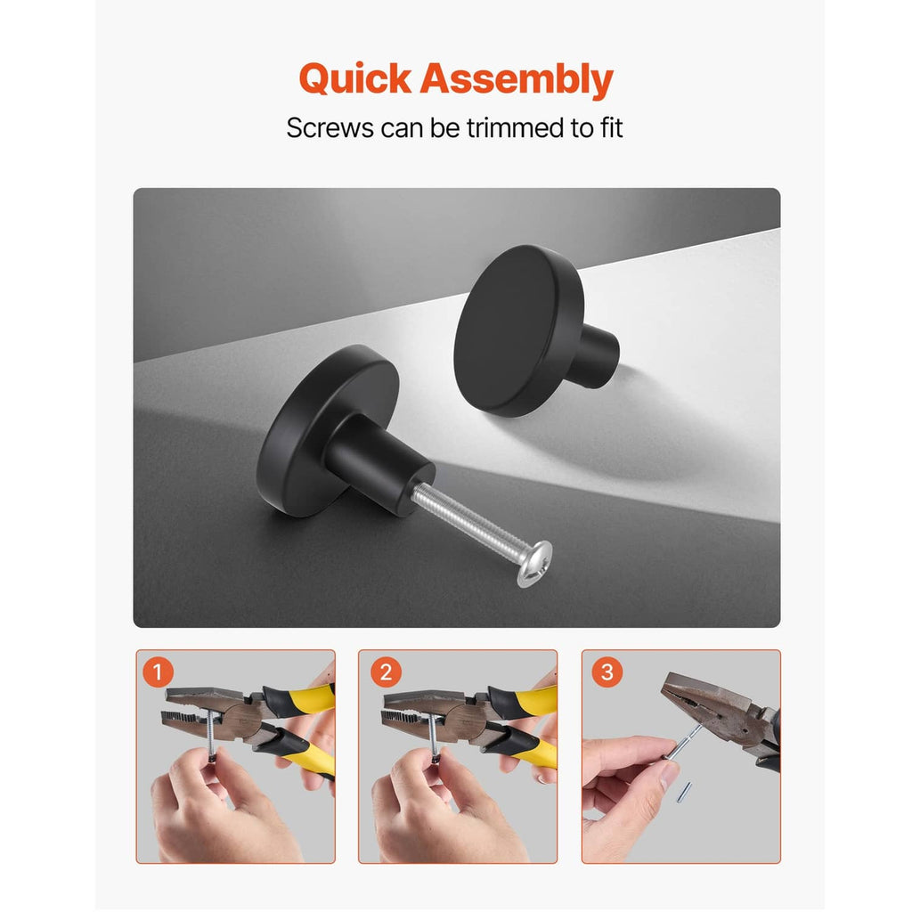 Black mushroom drawer knob with screws during assembly, zinc alloy style.