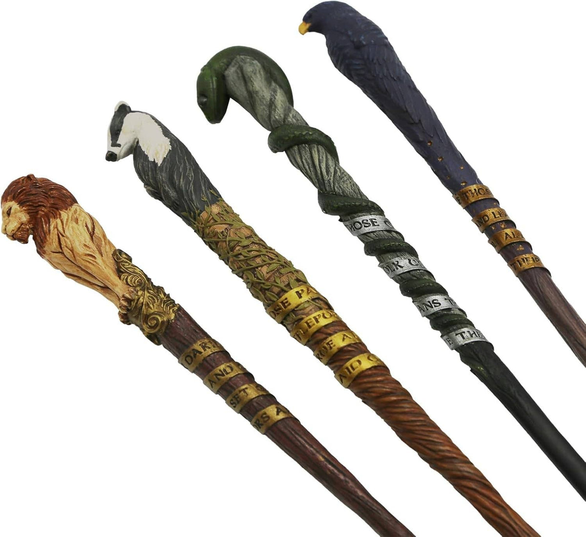 Five collectible wands with patterned handles, including green, gold, blue, and brown