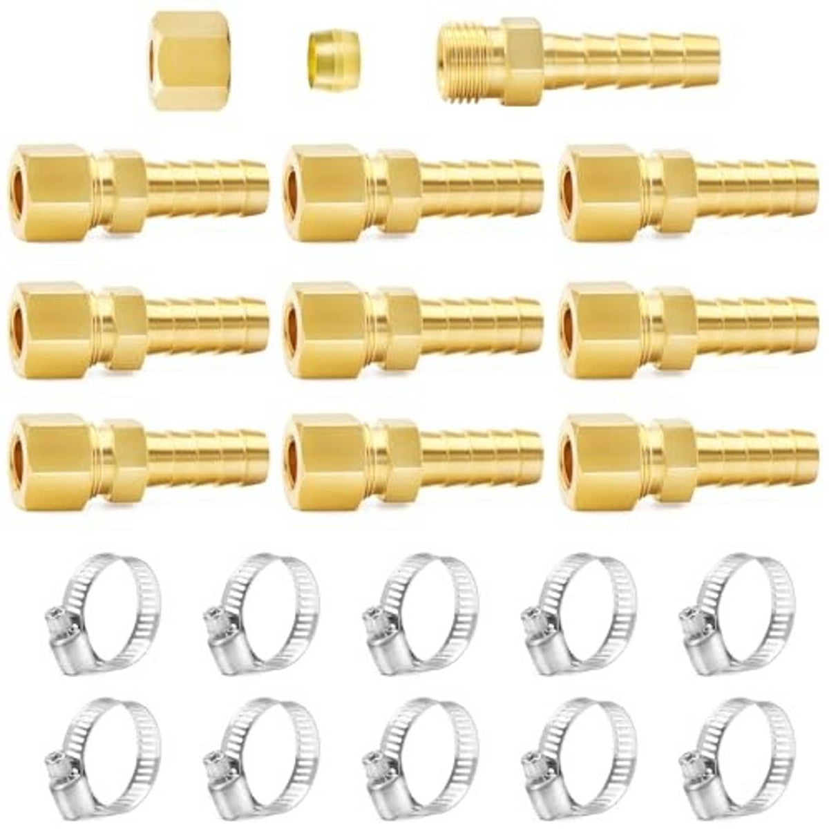 Brass compression union fitting set showing hex nut, threads, and barbed tube end
