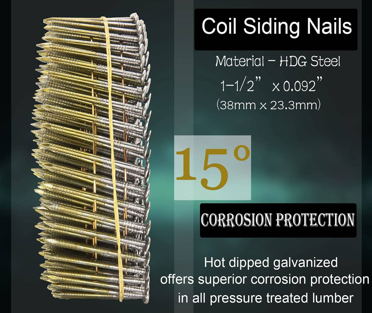 Collated siding nails wire coil, hot-dipped galvanized steel, stacked round-head nails