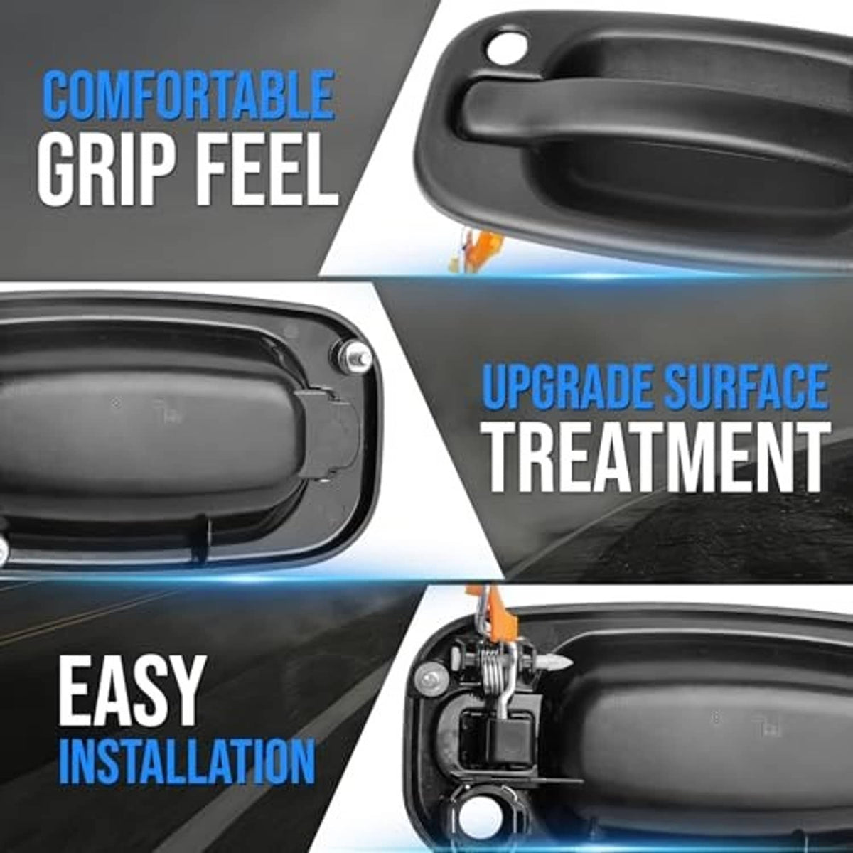 Black exterior door handle with recessed grip and smooth outer bezel