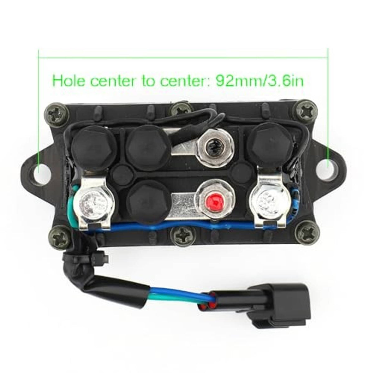 Black relay module top view with mounting holes, metal terminals, and blue wire harness