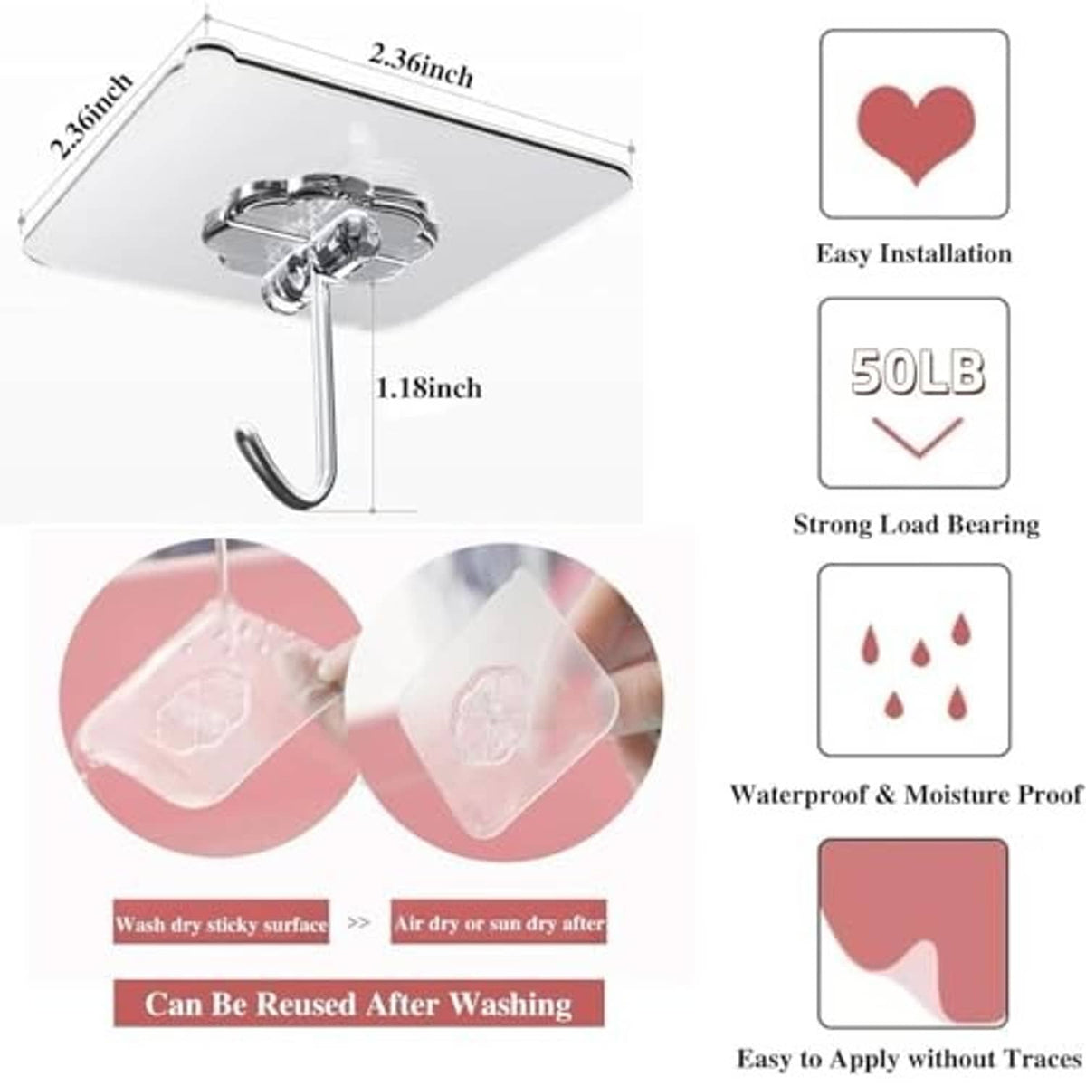 Chrome adhesive wall hook with measurement details, plus waterproofing and washability graphics