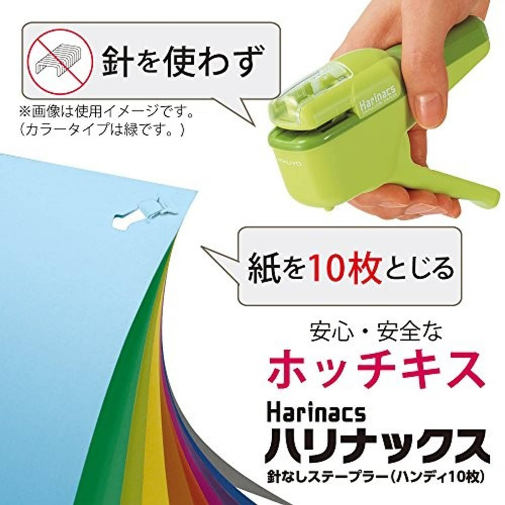 Green Harinacs stapleless stapler held in hand, pressing paper to clip without staples