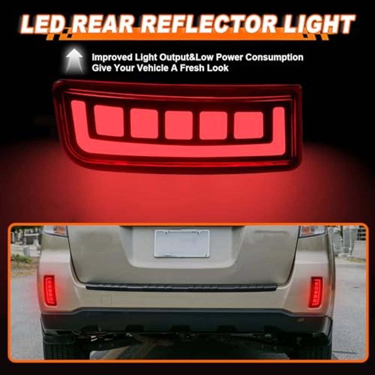 Red LED rear reflector light with bright segmented glow in a rectangular housing