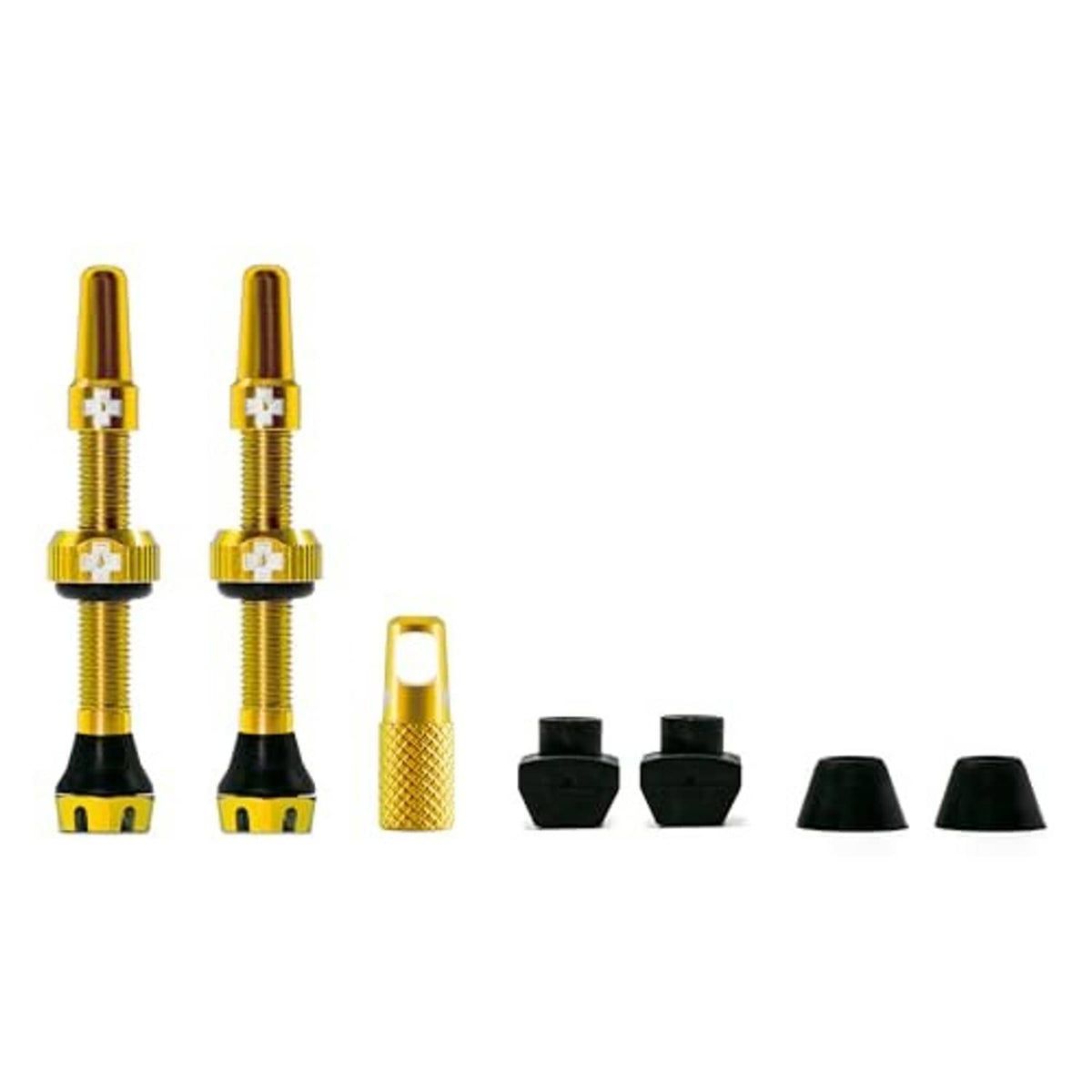 Gold Presta tubeless valves kit with black bases and caps, two valve stems shown