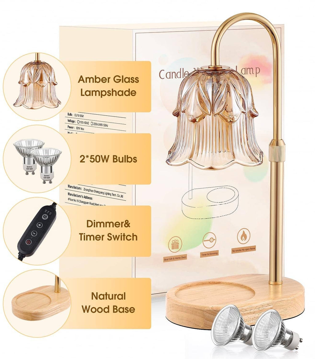 Electric candle warmer lamp with amber glass shade, wood base, remote, and bulbs