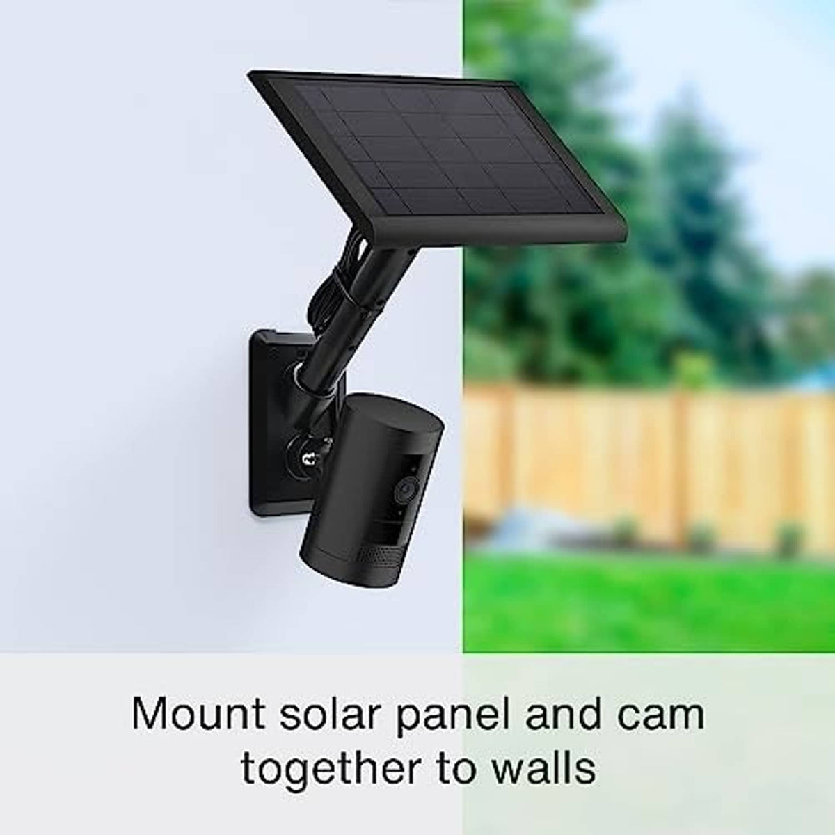 Black wall mount holding solar panel and compact outdoor camera on exterior wall