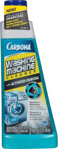 Washing machine cleaner bottle with blue cap and activated charcoal front label