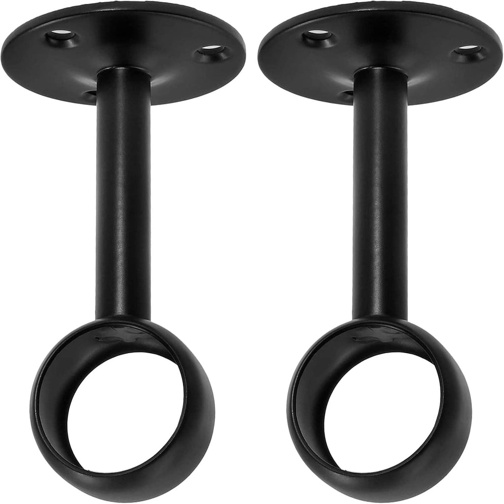 Pair of black ceiling curtain rod brackets, round flange with screw holes