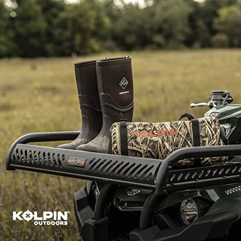 Black ATV flat rack with perforated mesh deck and KOLPIN branding