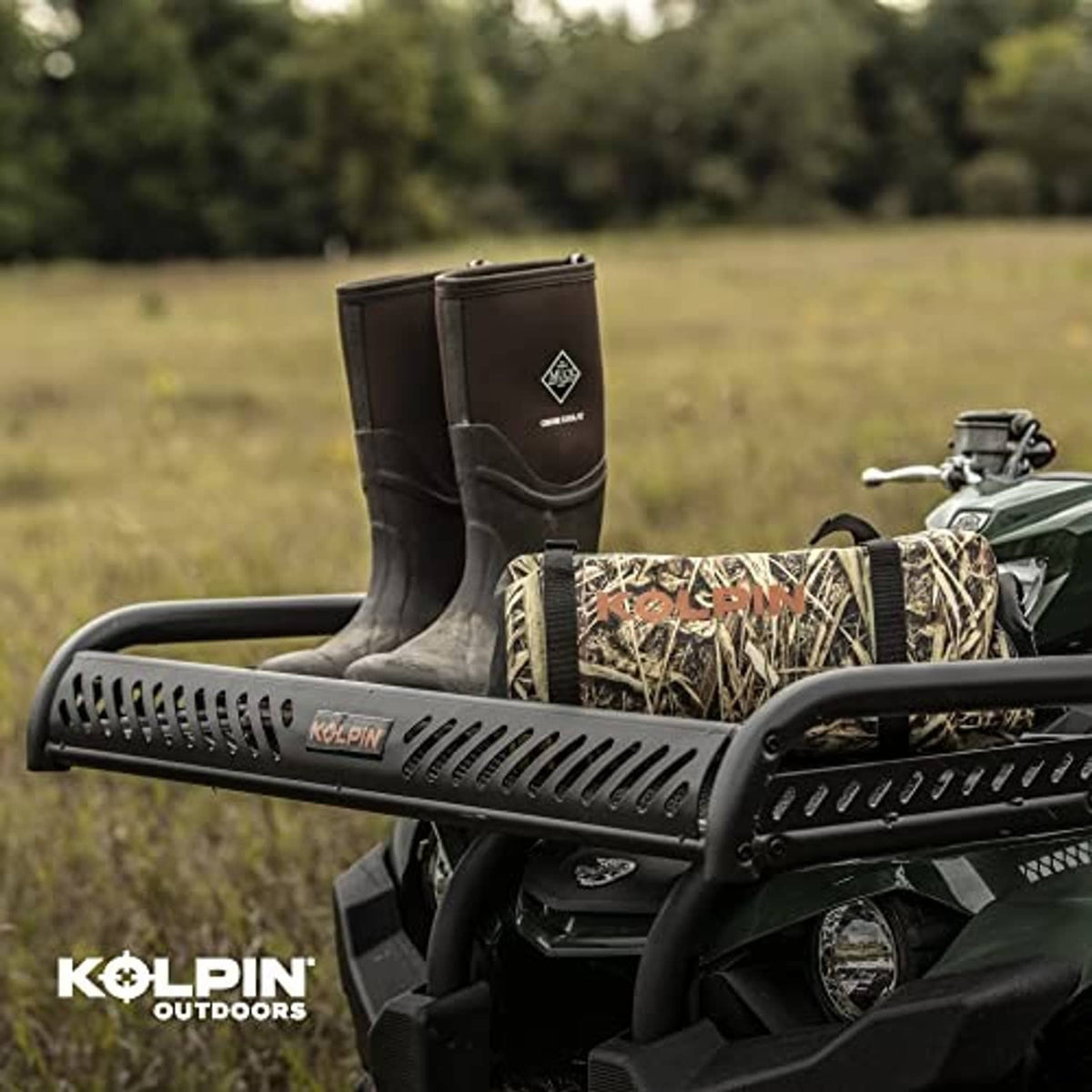 Black ATV flat rack with perforated mesh deck and KOLPIN branding