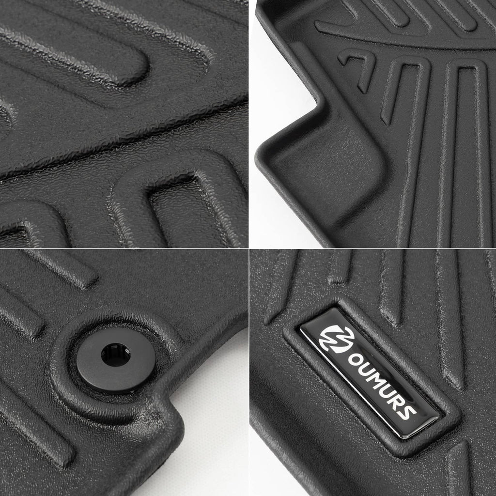 Rubber floor mat texture close-up with molded grip patterns and embossed logo.
