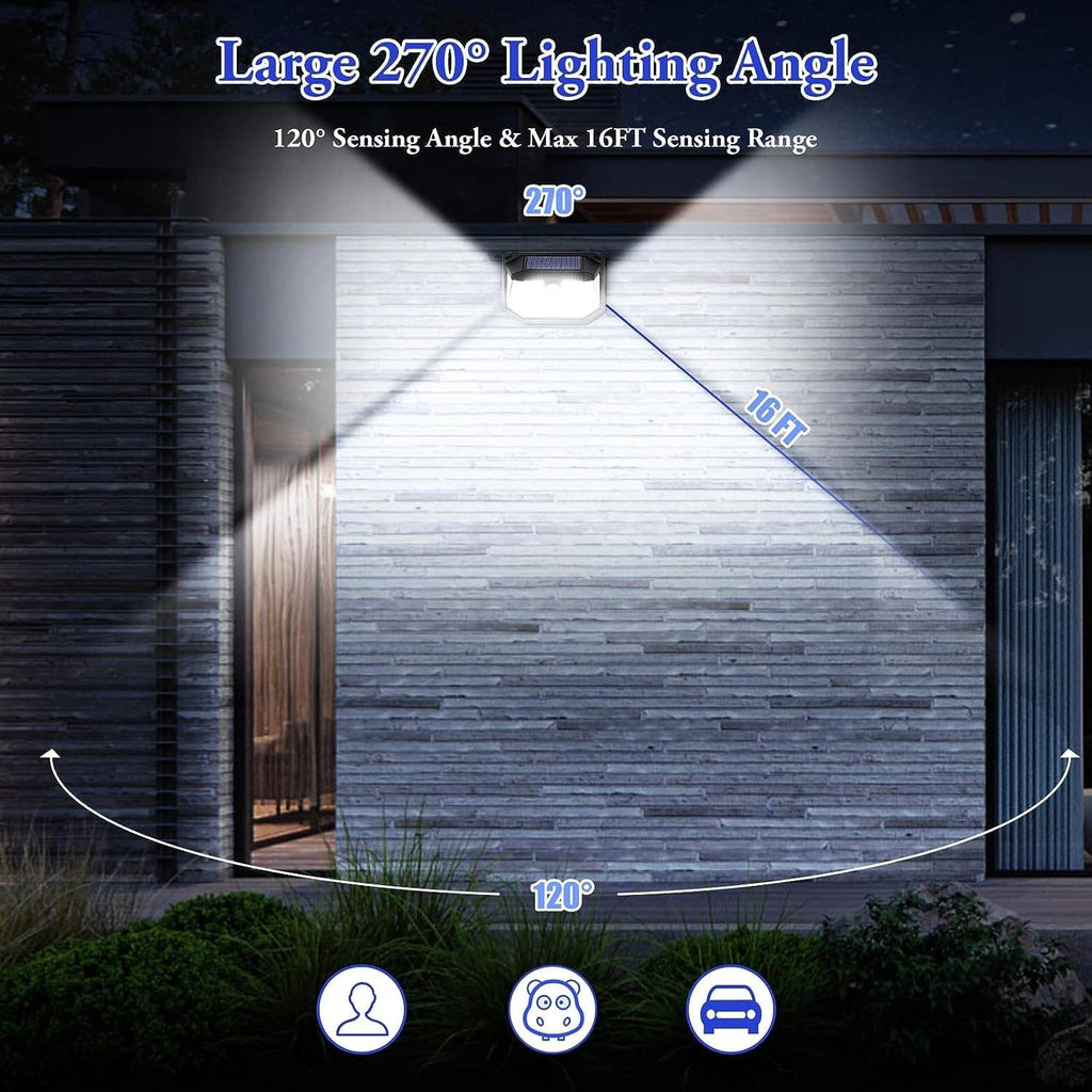 Solar motion sensor wall light with 270° coverage shown on a house wall