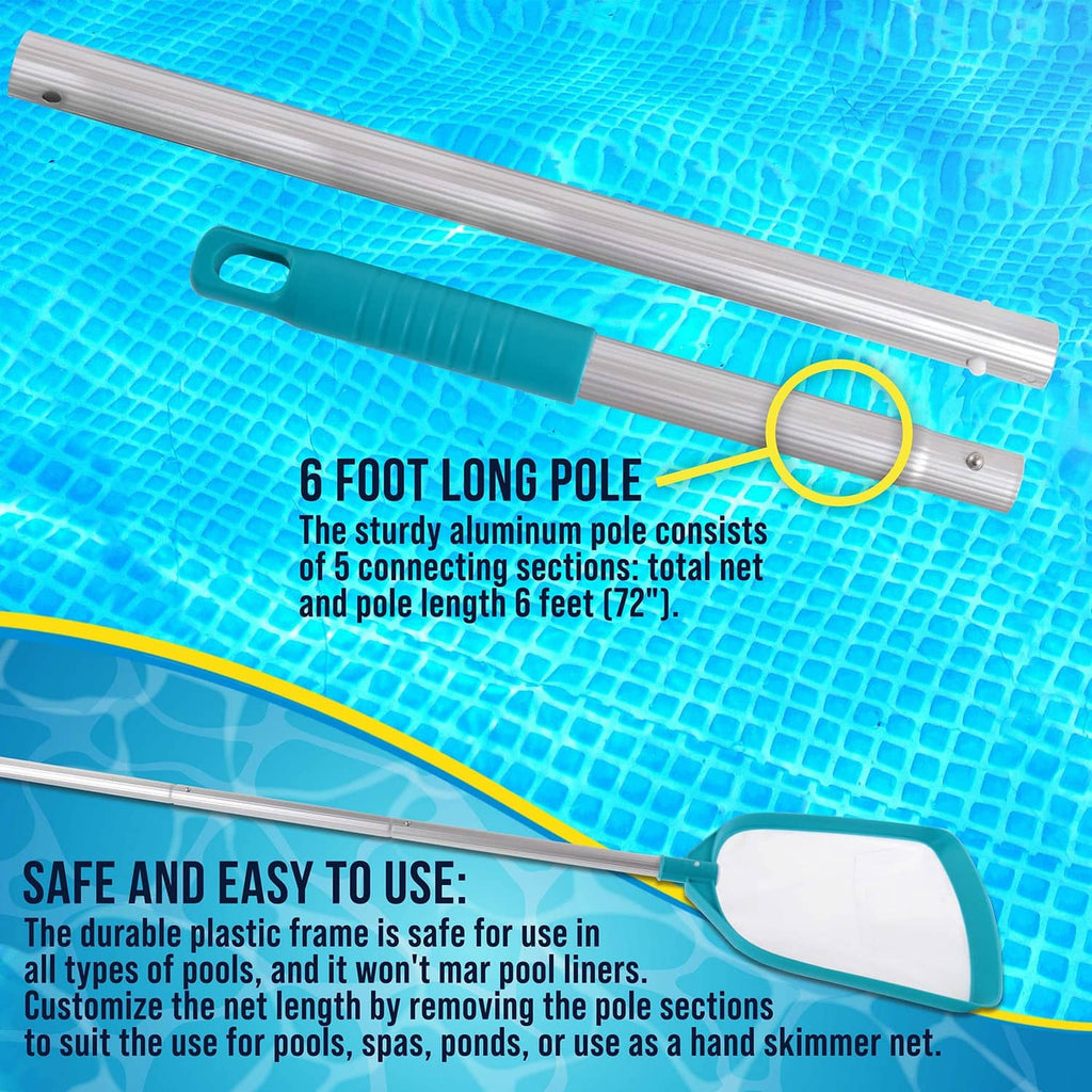 6-foot aluminum pole with teal connector and leaf skimmer net for pool debris