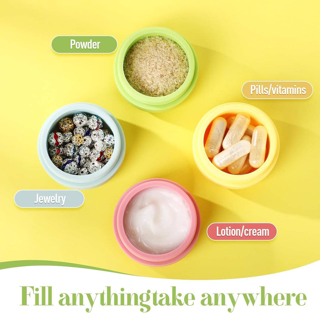 Four small silicone travel containers with lids for powder, pills, jewelry, and lotion/cream