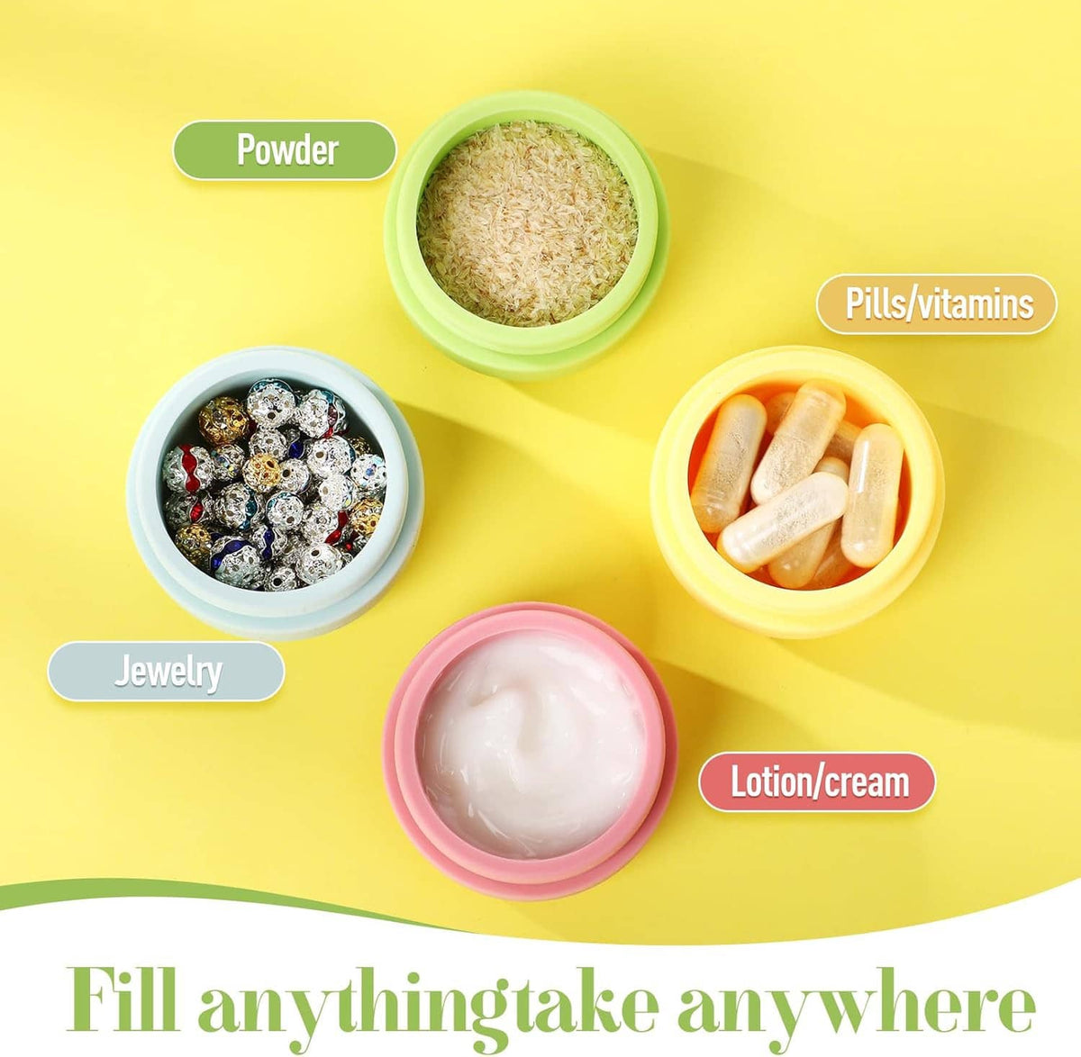 Four small silicone travel containers with lids for powder, pills, jewelry, and lotion/cream