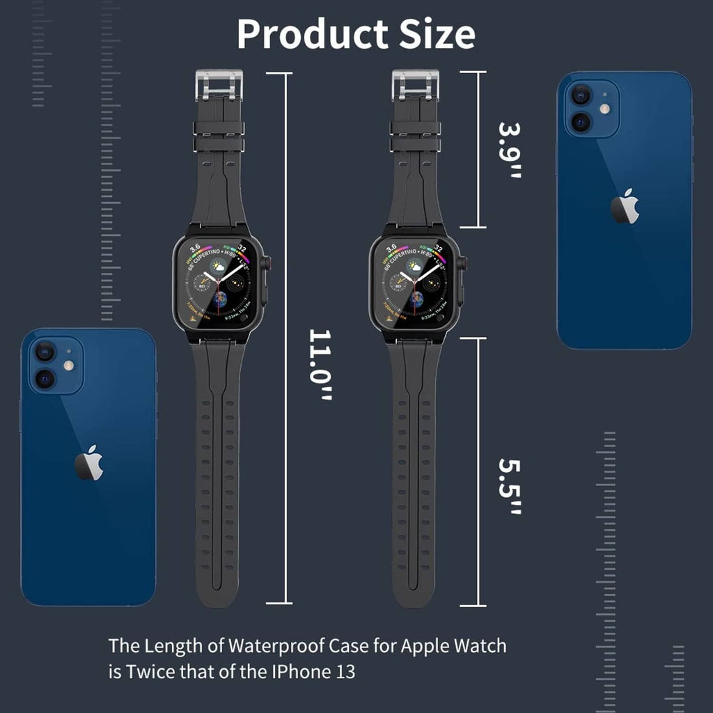 Waterproof smartwatch case with adjustable black rubber strap and secure clasp