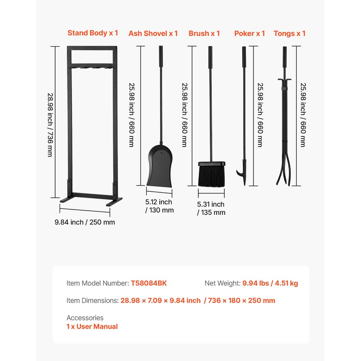 Five-piece fireplace tool set with stand and tools: ash shovel, brush, poker, tongs