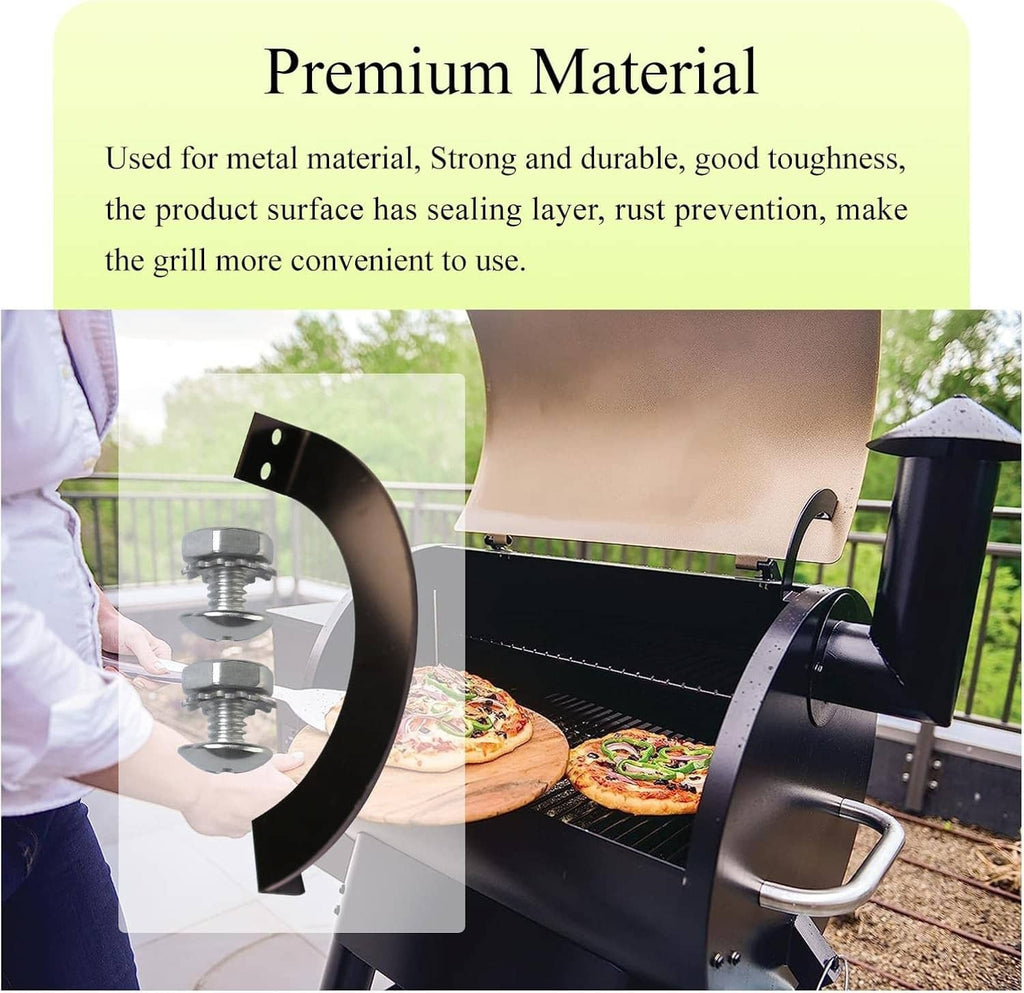 Black grill lid door stop arc with two silver screws shown on grill frame