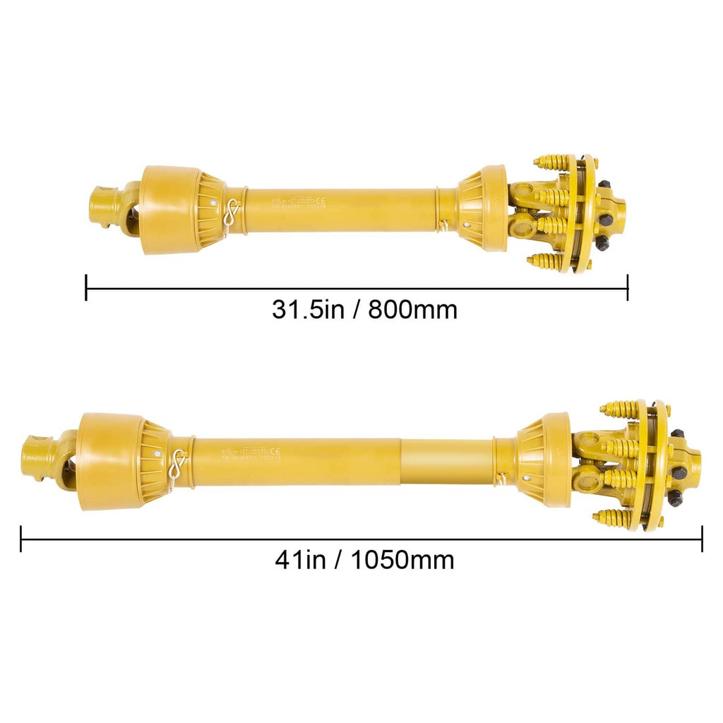 Adjustable yellow PTO drive shaft with slip clutch, shown in collapsed and extended views