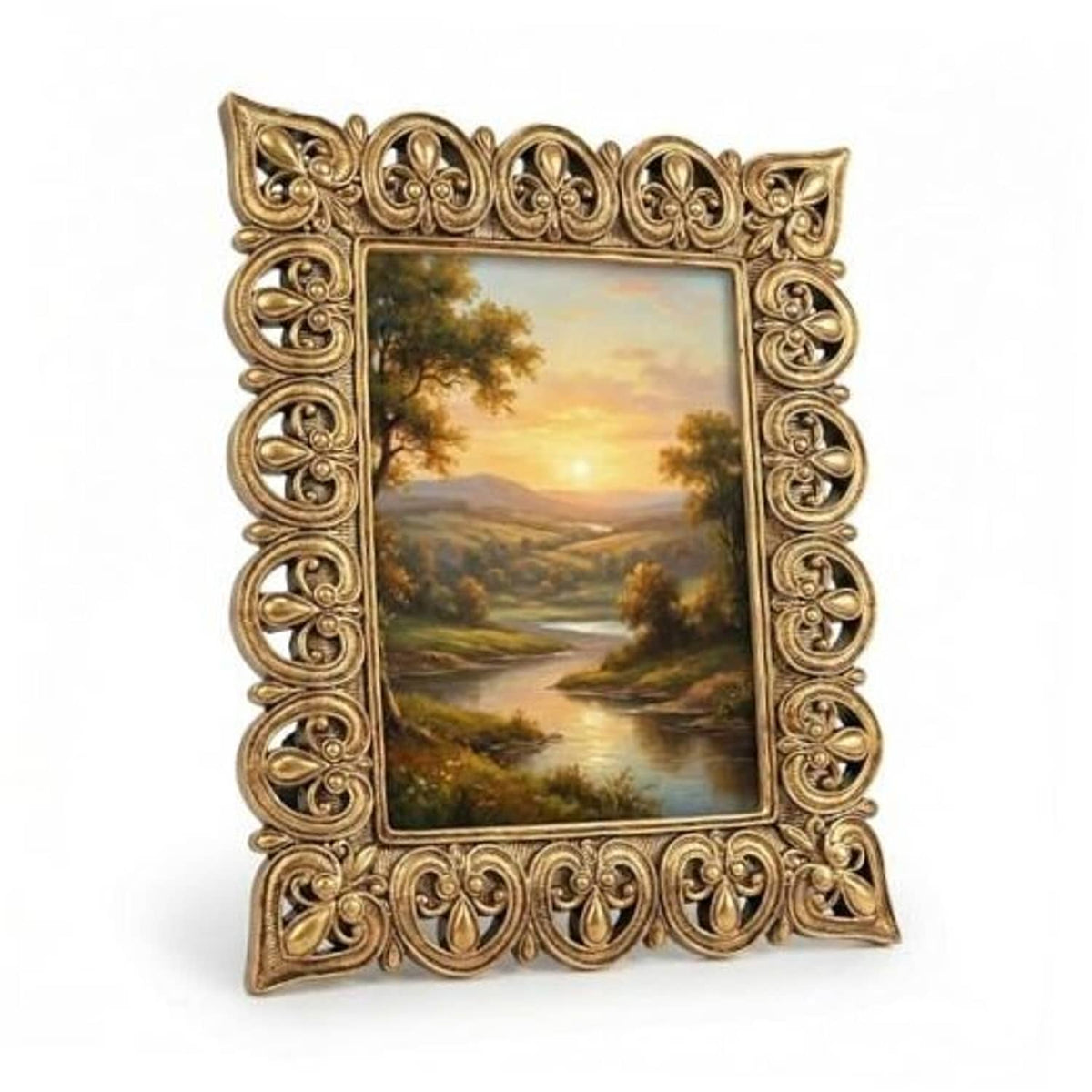 Antique gold scroll photo frame with ornate baroque corner detailing, holds 4x6 photo