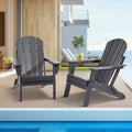 Set of 2 gray folding Adirondack patio chairs with wide slatted back and armrests
