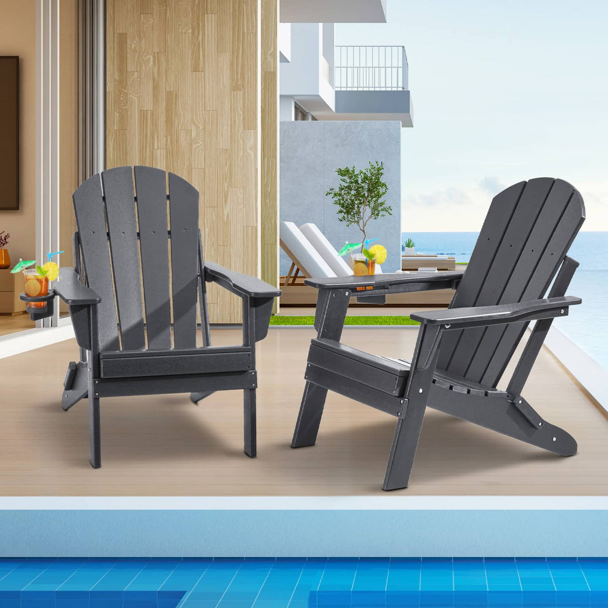 Set of 2 gray folding Adirondack patio chairs with wide slatted back and armrests