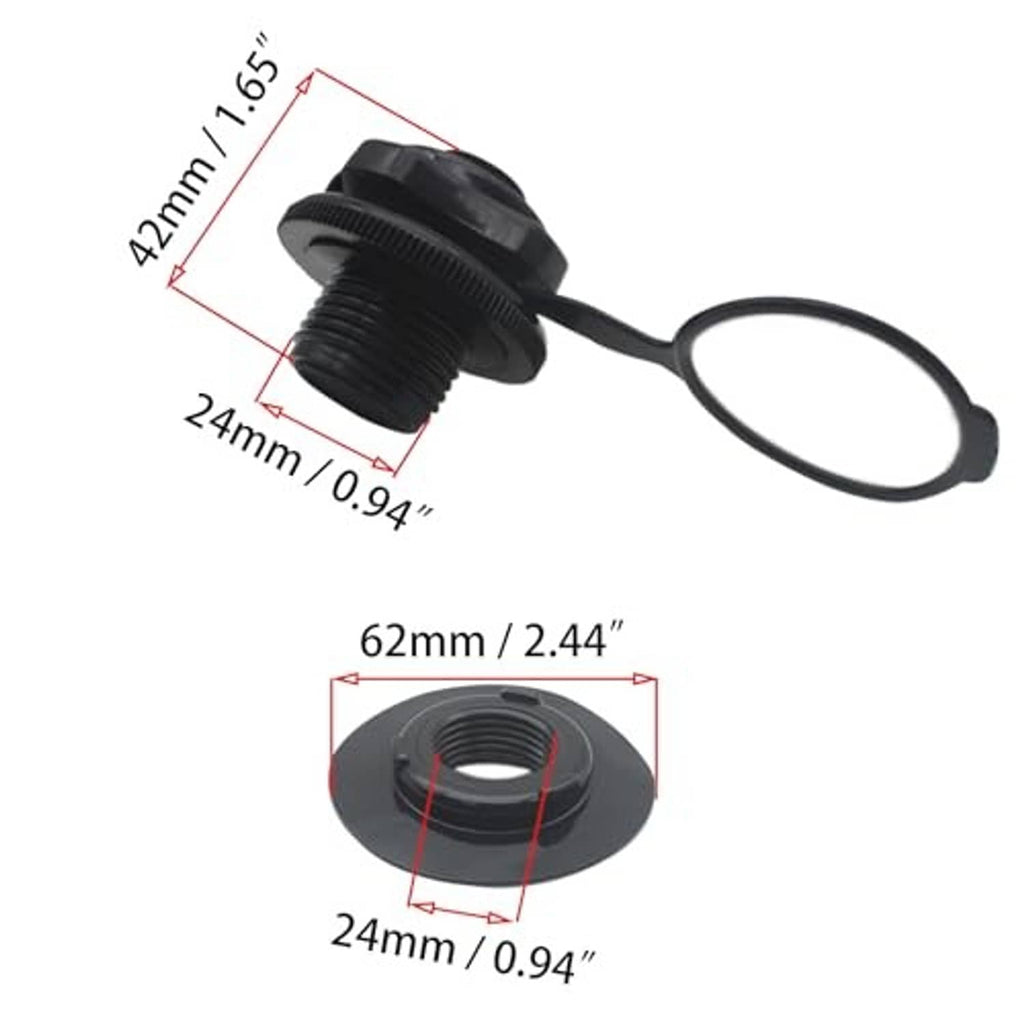 Black 24mm air valve and rubber mat with dimensions shown, plastic valve fitting