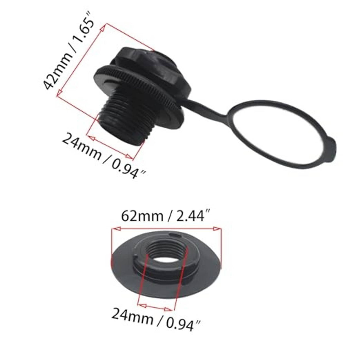 Black 24mm air valve and rubber mat with dimensions shown, plastic valve fitting
