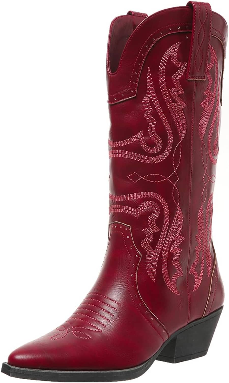 Women’s burgundy mid-calf cowboy boots with pull-on strap and block heel
