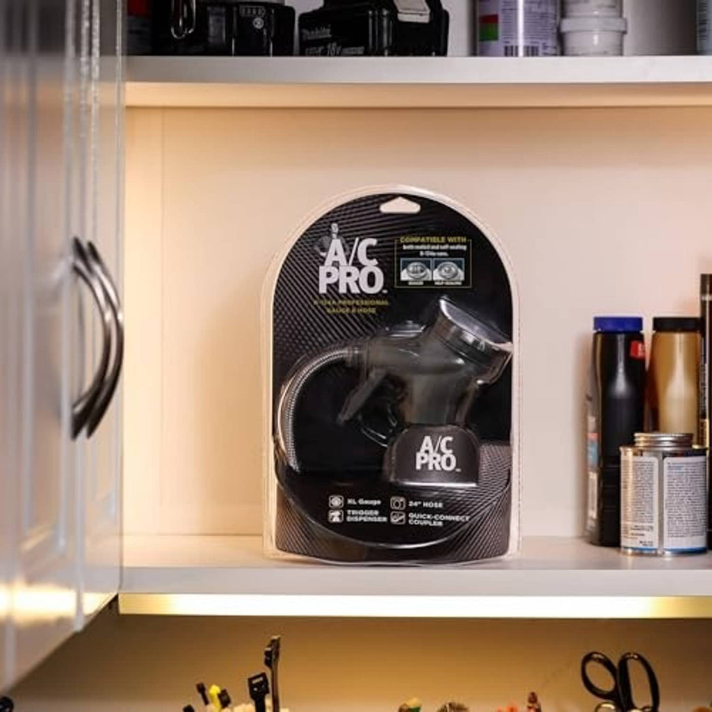 A/C gauge and hose kit shown in box, with coiled hose and handle