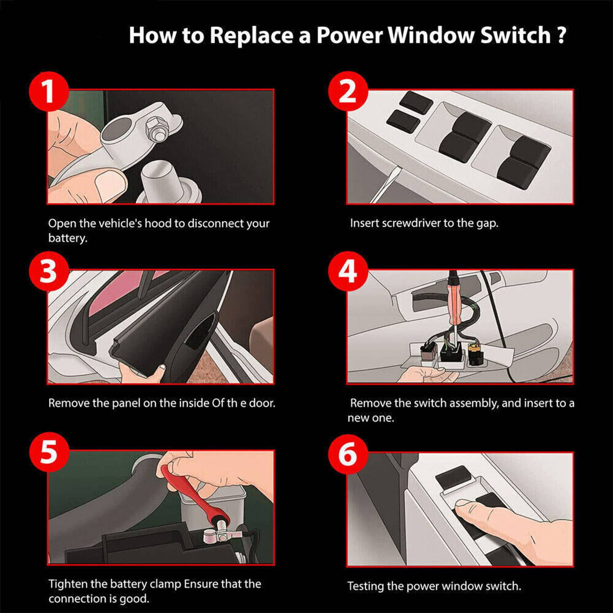 Black power window switch in guide layout with replacement step graphics