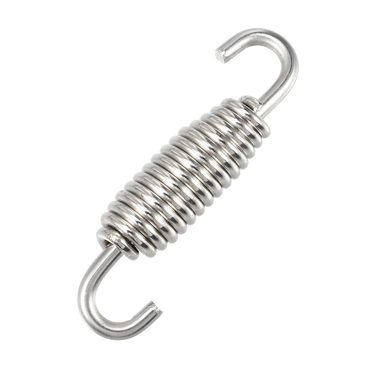 Universal exhaust spring with coiled metal body and U-shaped mounting hooks