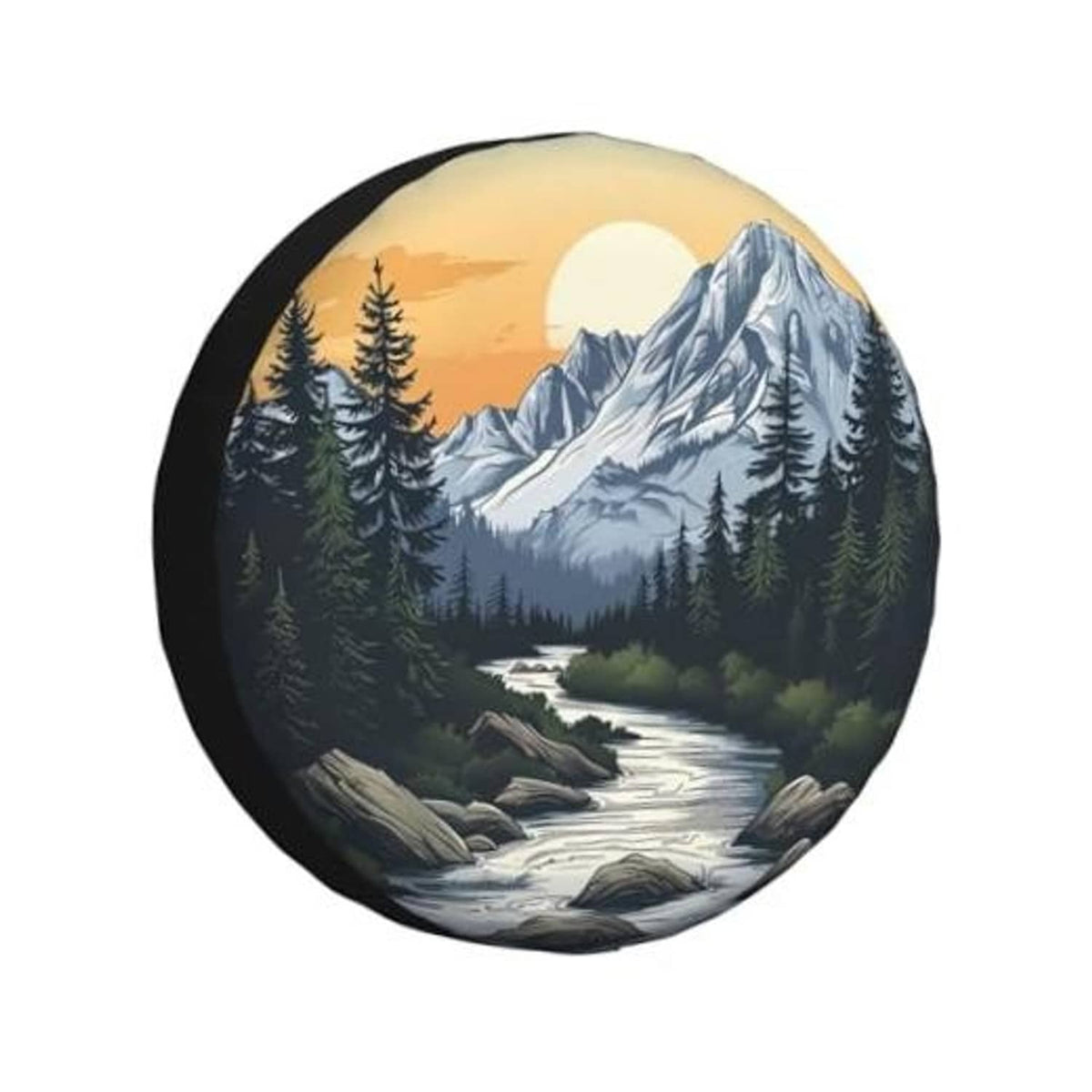 Round spare tire cover with mountain sunset landscape print on black fabric