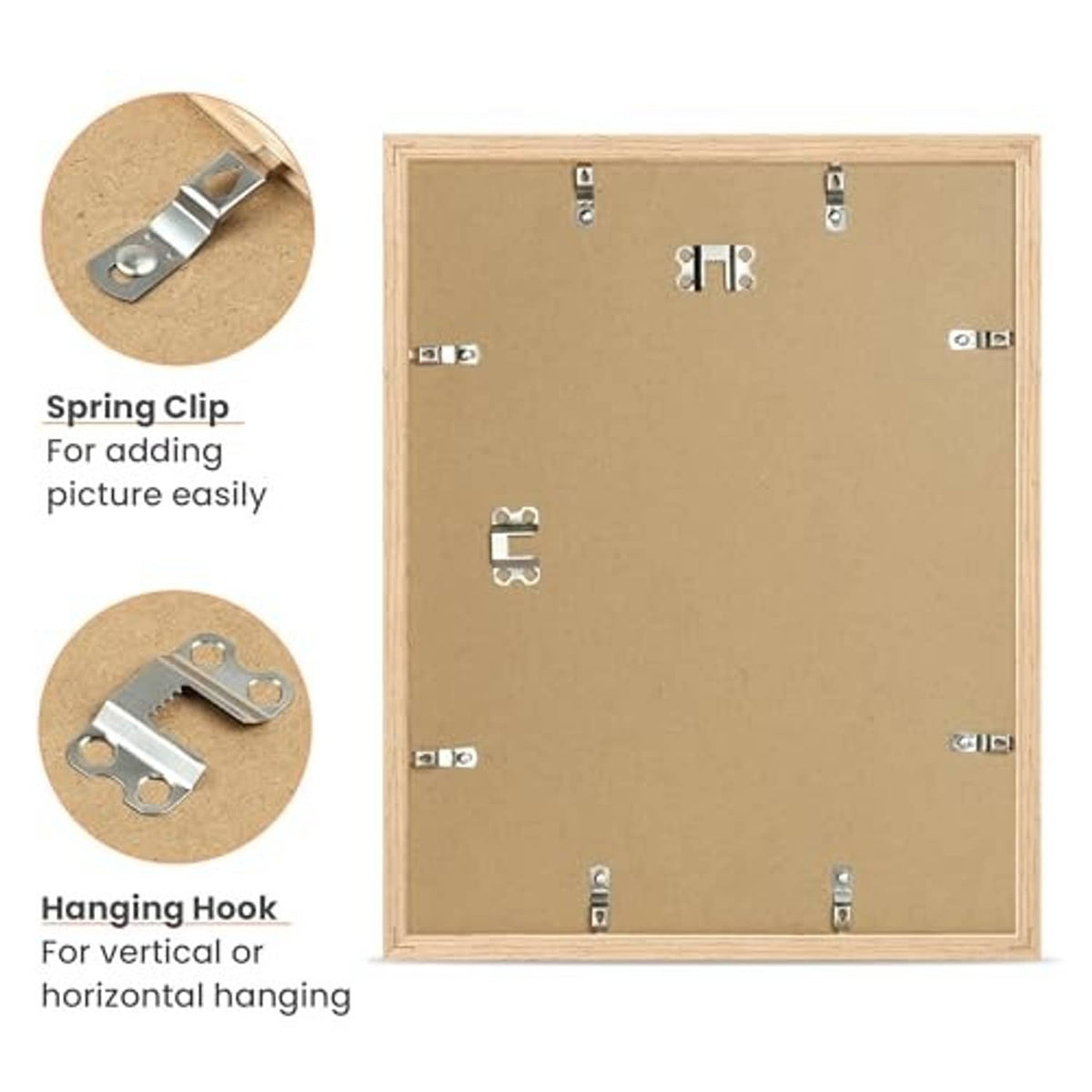 Natural wood picture frame back with metal spring clips and hanging hook