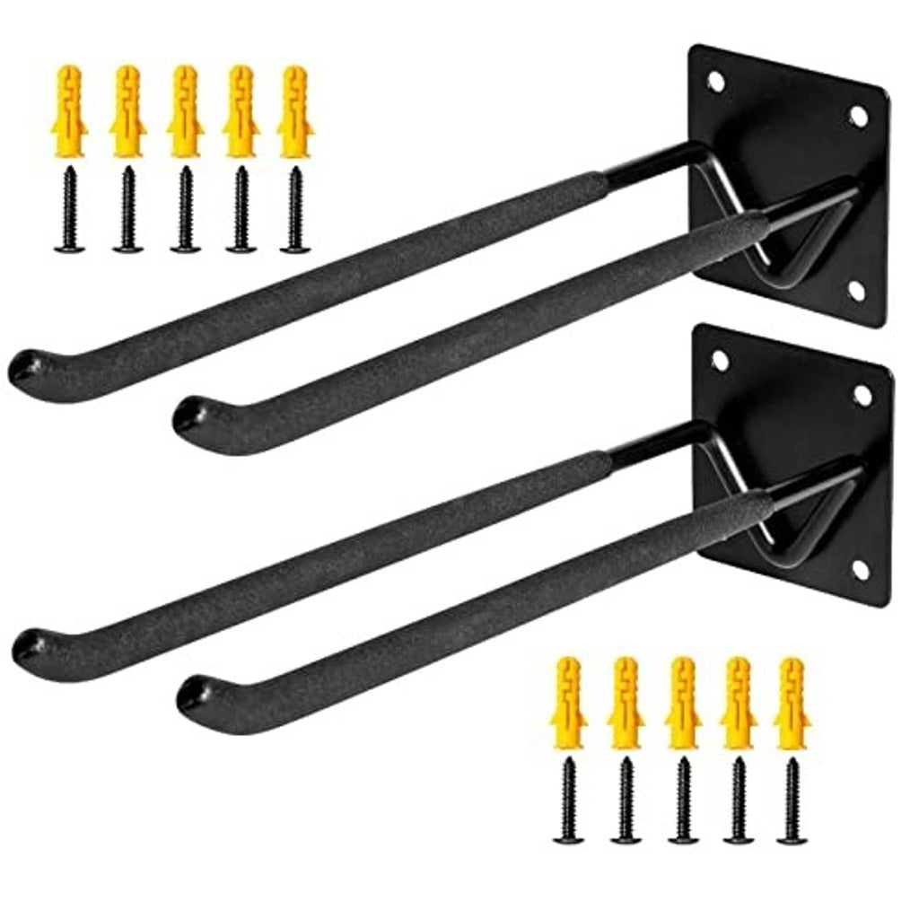 Two black shovel holder wall hooks with screw hardware, shown from front angles