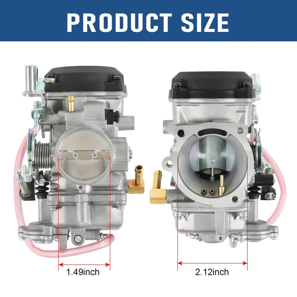 Carburetor set front and side views with visible size measurements