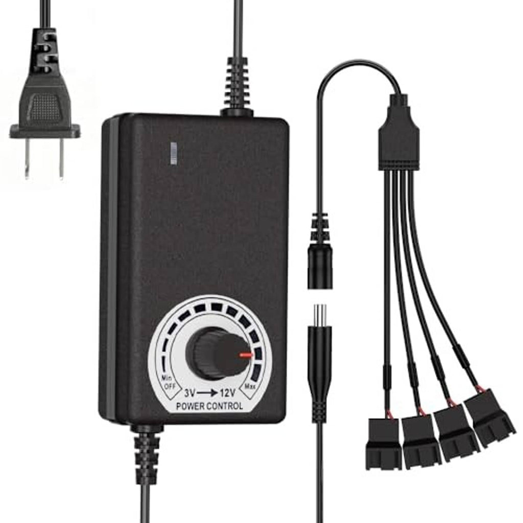 Black 12V PWM PC fan hub with knob and splitter cable set with connectors