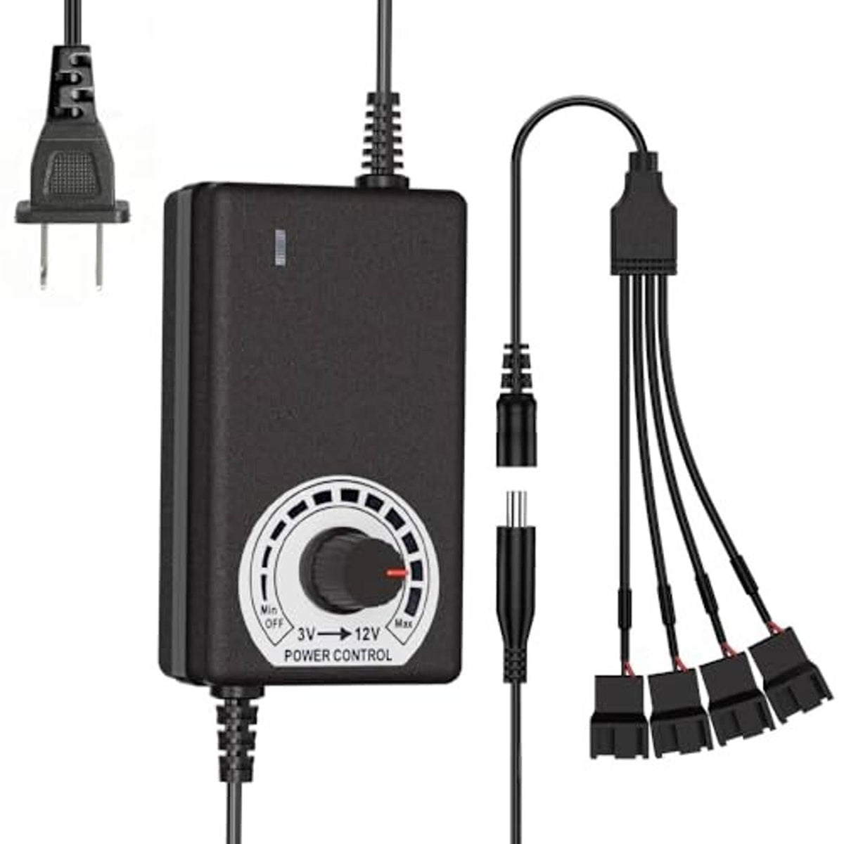 Black 12V PWM PC fan hub with knob and splitter cable set with connectors