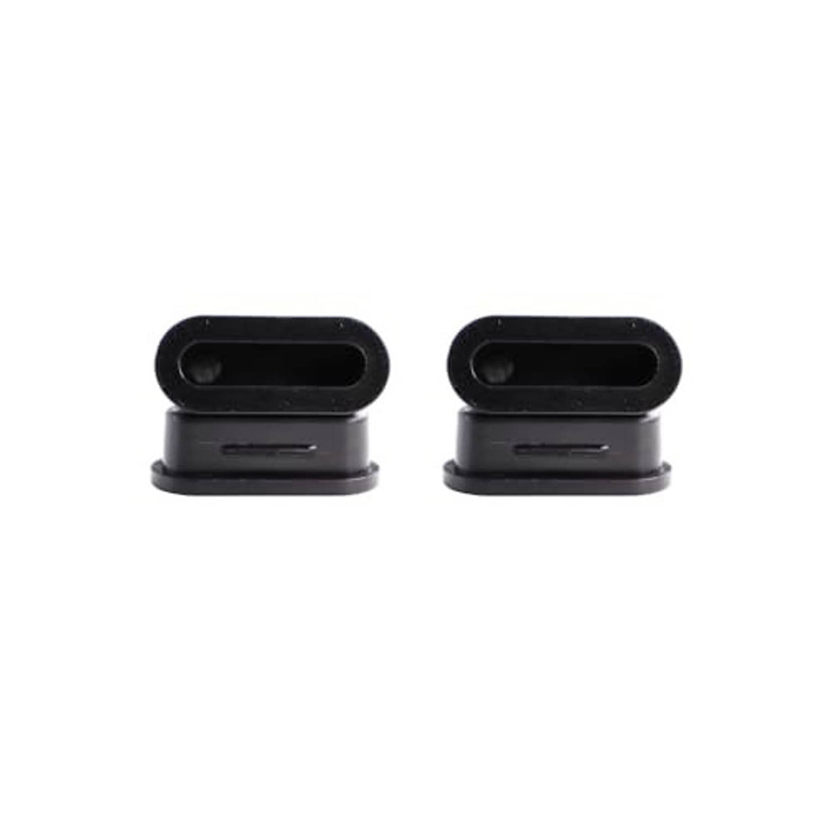 Trailer brake adjuster hole plug pair, black rubber inserts shown from side