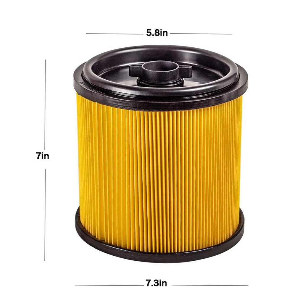 Yellow pleated shop vac filter canister with black rim; 7 x 5.8 in