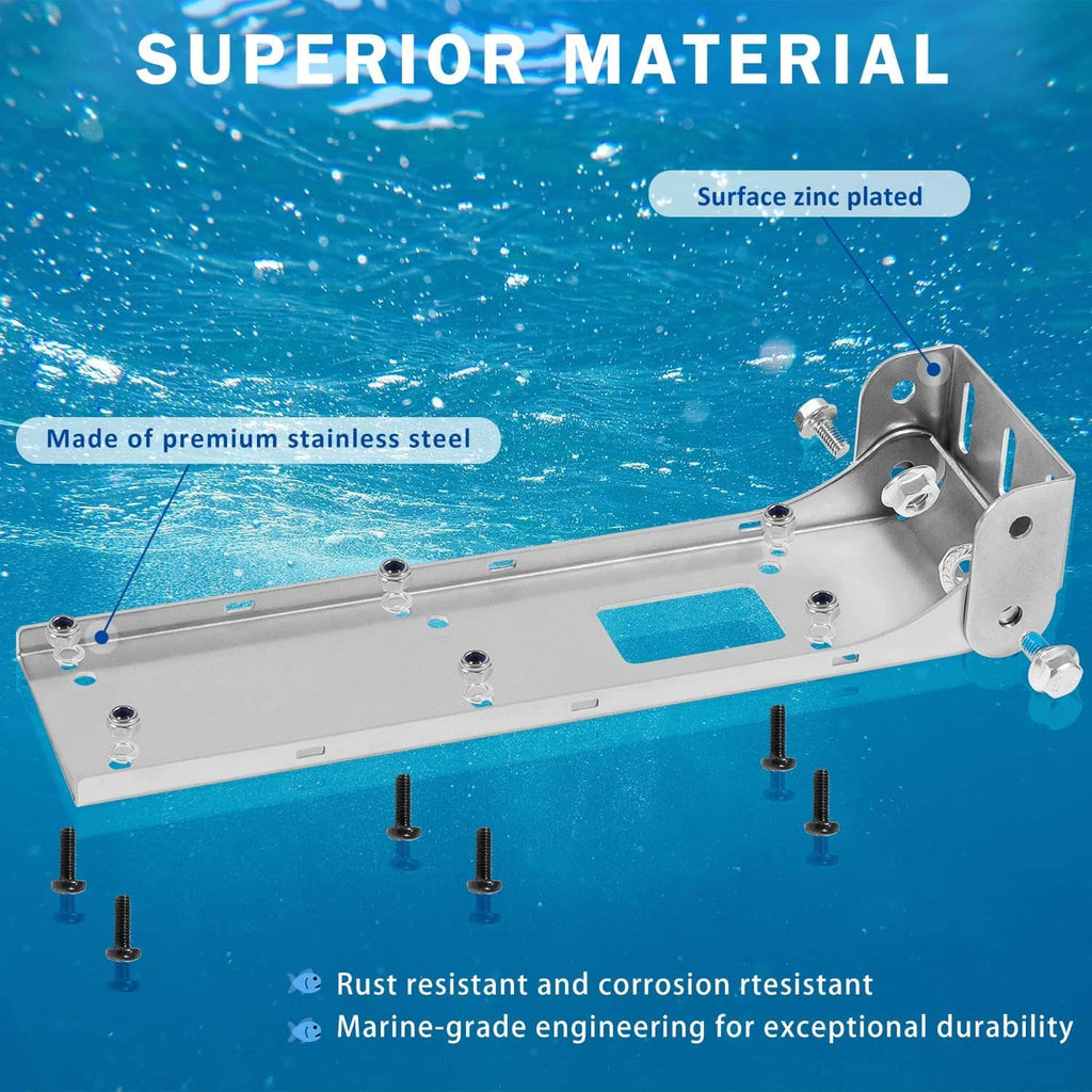 Stainless steel transom mount bracket with mounting holes and included hardware