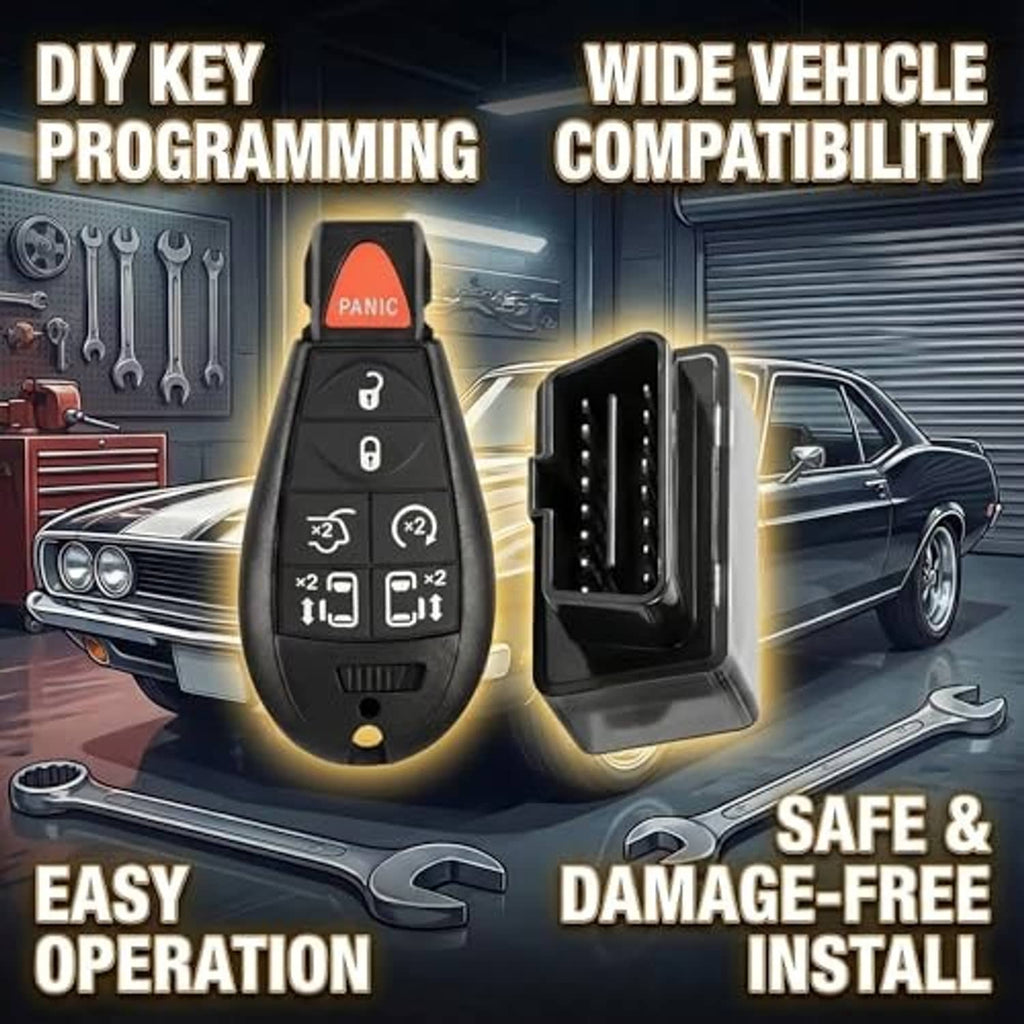 Black keyless remote fob with red PANIC button and spare key fob case