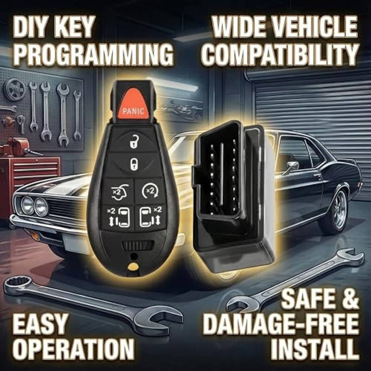 Black keyless remote fob with red PANIC button and spare key fob case