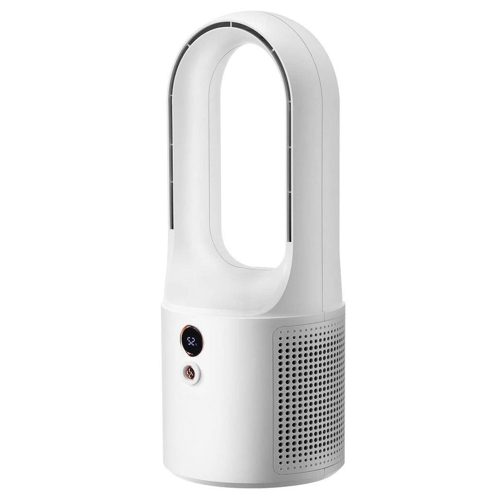 White bladeless portable desk fan with arched airflow inlet and perforated side grille.
