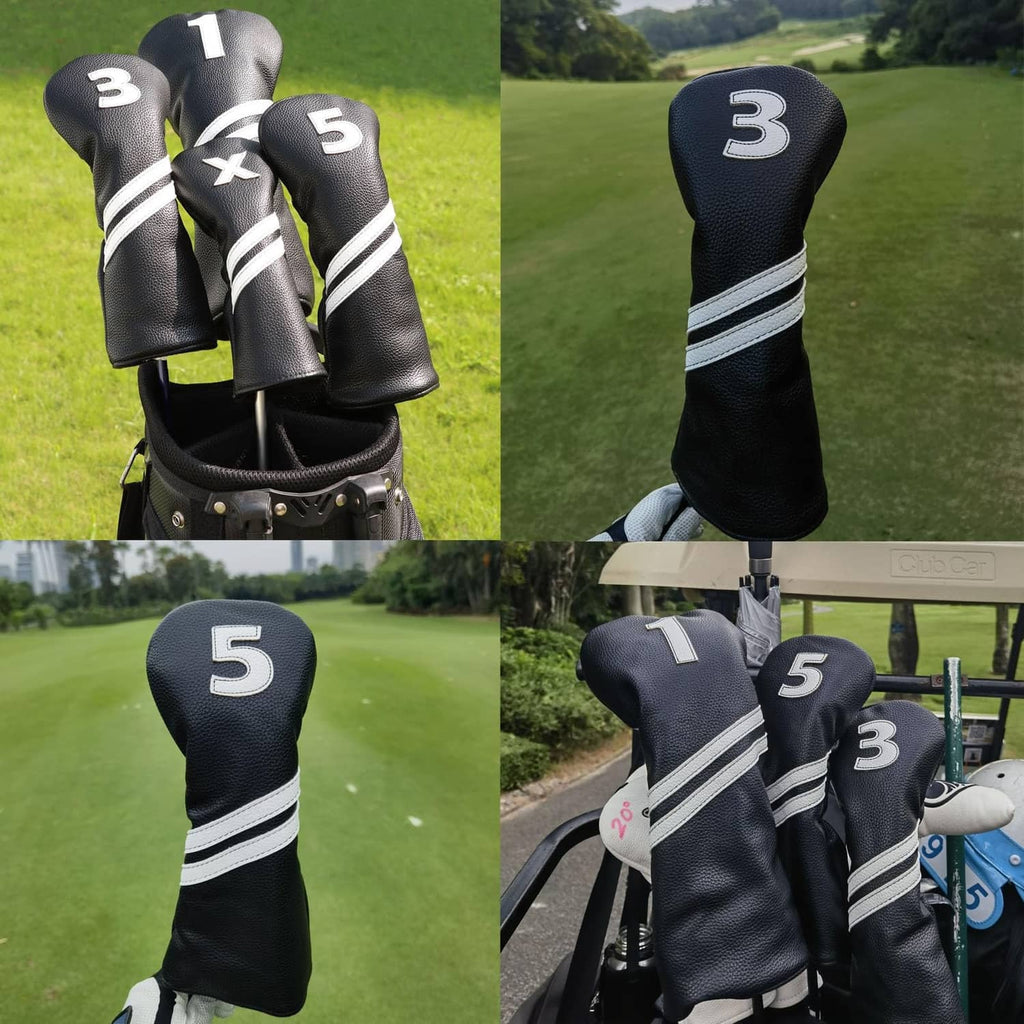 Set of black hybrid headcovers with numbers 1, 3, and 5, plus white stripe