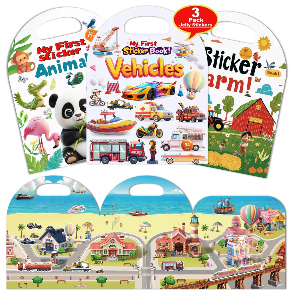 3-pack reusable toddler sticker books with Vehicles covers and large sticker scenes