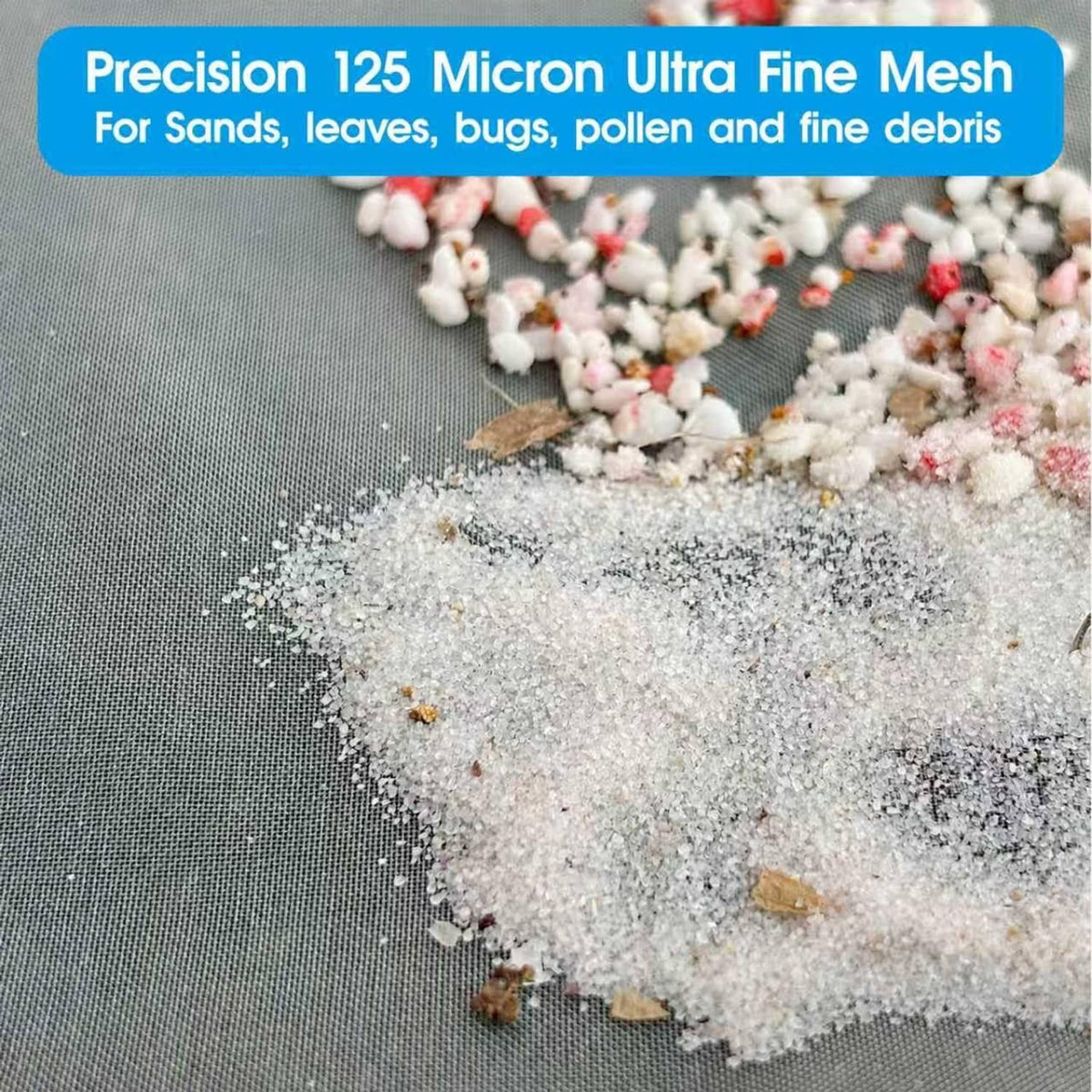 Ultra-fine white mesh pool net trapping small leaves and fine debris