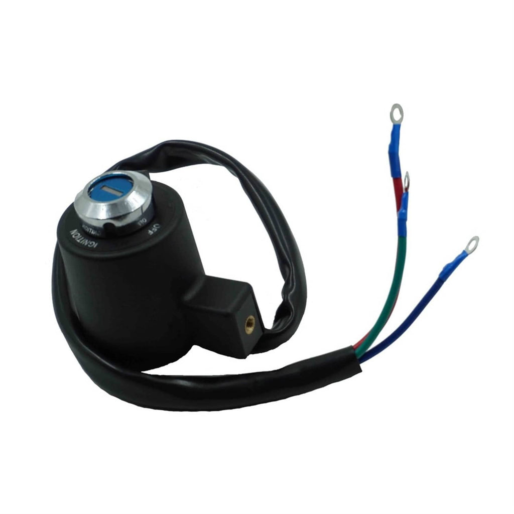 Ignition switch lock set, compact black housing with blue cylinder and colored wire leads